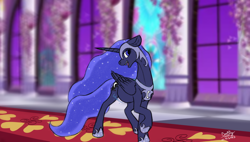 Size: 3662x2080 | Tagged: safe, artist:lightning bolty, part of a set, princess luna, alicorn, pony, series:nightmare night candy binge, g4, belly, blurry background, canterlot castle, canterlot castle interior, carpet, cartoon physics, colored, commission, commissioner:snowy comet, digestion, digestion without weight gain, ear fluff, ethereal mane, ethereal tail, fangs, female, floppy ears, folded wings, food baby, gluttony, hallway, hammerspace, hammerspace belly, helmet, high res, hoof shoes, horn, indoors, long horn, long mane, long tail, looking forward, mare, nightmare luna, nightmare night, onomatopoeia, open mouth, part of a series, peytral, princess shoes, raised hoof, signature, slender, solo, stained glass, starry mane, starry tail, sternocleidomastoid, stomach noise, stuffed, stuffed belly, stuffing, tail, teeth, that pony sure does love eating, thin, turned head, walking, wall of tags, wings