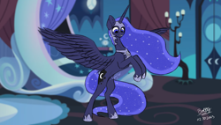 Size: 3662x2080 | Tagged: safe, artist:lightning bolty, part of a set, princess luna, alicorn, pony, series:nightmare night candy binge, g4, bed, bedroom, belly, blurry background, canterlot castle, canterlot castle interior, cartoon physics, colored, commission, commissioner:snowy comet, concave belly, digestion, digestion without weight gain, ear fluff, ethereal mane, ethereal tail, fangs, female, gluttony, grin, hammerspace, hammerspace belly, helmet, high res, hoof shoes, horn, indoors, long horn, long mane, long tail, looking at belly, looking at self, looking down, luna's bedroom, mare, nightmare luna, nightmare night, onomatopoeia, open mouth, part of a series, peytral, princess shoes, raised hooves, rearing, signature, slender, smiling, solo, spread wings, starry mane, starry tail, sternocleidomastoid, stomach noise, stuffing, tail, teeth, thin, wall of tags, wings