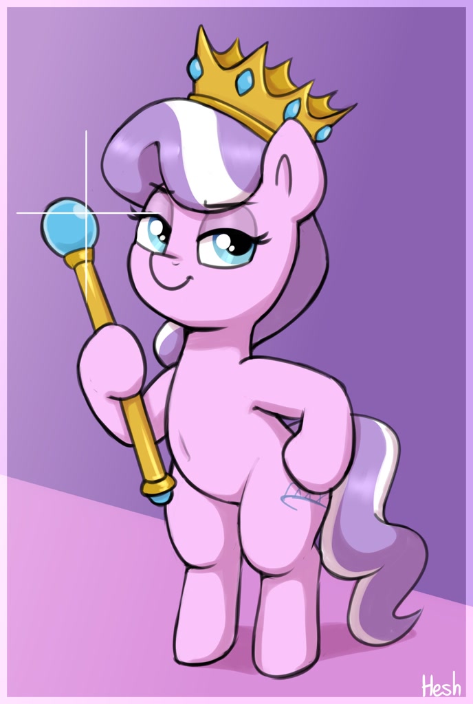 [belly button,bipedal,crown,diamond tiara,earth pony,female,filly,foal,jewelry,looking at you,mare,pony,safe,scepter,signature,solo,artist:heretichesh,regalia,lidded eyes,smiling,hoof hold,smiling at you,hoof on hip]