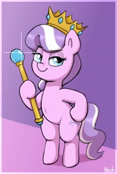 Size: 1692x2520 | Tagged: safe, artist:heretichesh, diamond tiara, earth pony, pony, g4, belly button, bipedal, crown, female, filly, foal, hoof hold, hoof on hip, jewelry, lidded eyes, looking at you, mare, regalia, scepter, signature, smiling, smiling at you, smug, solo