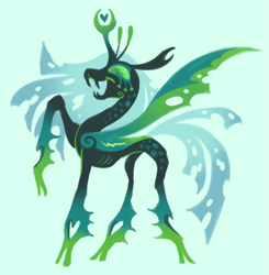 Size: 1105x1127 | Tagged: safe, artist:webkinzworldz, queen chrysalis, changeling, changeling queen, pony, g4, alternate design, antenna, antennae, blue background, changeling wings, concave belly, emaciated, fangs, februpony, open mouth, raised hoof, ribs, simple background, skinny, solo, thin, wings