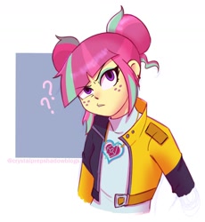 Size: 1438x1564 | Tagged: safe, artist:psychodiamondstar, sour sweet, human, equestria girls, g4, confused, freckles, looking at you, question mark, simple background, solo, white background