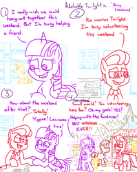 Size: 4779x6013 | Tagged: safe, artist:adorkabletwilightandfriends, apple bloom, applejack, big macintosh, bon bon, sweetie drops, twilight sparkle, oc, oc:lawrence, alicorn, earth pony, pony, unicorn, comic:adorkable twilight and friends, g4, adorkable, adorkable twilight, book, boxes, church, cider, clothes, comic, computer, cute, dork, female, filly, foal, freckles, fundraiser, funny, glasses, glowing, glowing horn, holding hoof, holding hooves, horn, humor, levitation, library, magic, magic aura, male, mare, poster, relationship, relationships, sign, slice of life, smiling, stallion, stand, sweater, telekinesis, twilight sparkle (alicorn)
