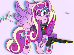 Size: 1605x1198 | Tagged: safe, princess cadance, alicorn, pony, g4, angry, cartel, cigarette, clothes, colored wings, colored wingtips, drop shadow, ear fluff, el cadance, female, flower, frown, gradient wings, gun, holding, mare, outfit, pink background, plant, ponymania, signature, simple background, solo, spread wings, tattoo, weapon, wings