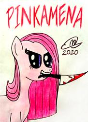 Size: 914x1255 | Tagged: safe, artist:mario dhard, pinkie pie, g4, blood, knife, pinkamena diane pie