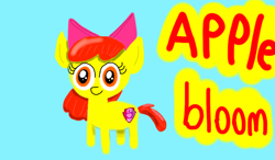 Size: 1024x600 | Tagged: safe, artist:spinningtop397, apple bloom, earth pony, pony, g4, blue background, cyan background, female, filly, foal, simple background, solo, text