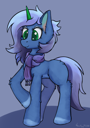 Size: 1724x2440 | Tagged: safe, artist:aquamuro, part of a set, oc, oc only, oc:cyanite star, pony, unicorn, g5, advertisement in description, clothes, colored hooves, commission, crystal horn, crystallized, cute, description is relevant, ear fluff, eyeshadow, female, fluffy, g5 oc, giveaway, gradient mane, horn, makeup, mare, oda 1997, oda 997, raised hoof, scarf, signature, simple background, sketch, smiling, solo, ych result