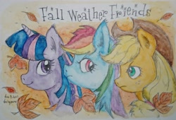 Size: 2048x1393 | Tagged: safe, artist:daisymane, applejack, rainbow dash, twilight sparkle, earth pony, pegasus, pony, unicorn, fall weather friends, g4, autumn, bust, falling leaves, female, leaves, mare, signature, text, traditional art, trio, unicorn twilight