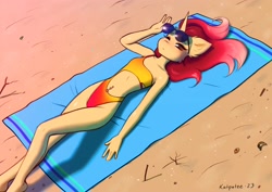 Size: 3508x2480 | Tagged: safe, artist:katputze, oc, oc only, oc:crimson sunset, unicorn, anthro, beach, beach towel, belly button, belly piercing, bikini, breasts, clothes, delicious flat chest, female, high res, looking at you, lying down, mare, on back, piercing, solo, sunbathing, sunglasses, swimsuit