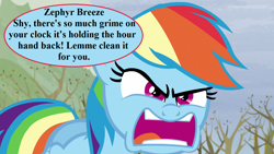 Size: 1280x720 | Tagged: safe, edit, edited screencap, editor:korora, screencap, rainbow dash, pegasus, pony, g4, my little pony: friendship is magic, tanks for the memories, angry, faic, implied zephyr breeze, offscreen character, pun, ragebow dash, rainbow dash is best facemaker, solo, speech bubble, threat