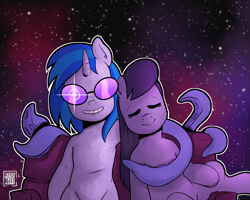 Size: 2625x2100 | Tagged: safe, artist:raph13th, dj pon-3, octavia melody, vinyl scratch, alien, pony, g4, commission, commissioner:dualsoul, duo, fanfic art, galaxy, high res, smiling, tentacles