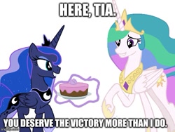 Size: 577x433 | Tagged: safe, artist:dashiesparkle, artist:sharkwellington, edit, vector edit, princess celestia, princess luna, alicorn, pony, g4, april fools 2023, cake, cakelestia, duo, food, levitation, magic, meme, royal sisters, siblings, sisters, telekinesis, vector, victory cake, wholesome