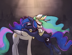 Size: 3000x2300 | Tagged: safe, artist:t72b, princess celestia, princess luna, alicorn, pony, g4, april fools 2023, bipedal, bipedal leaning, crown, duo, embrace, ethereal mane, eyes closed, female, high res, hoof shoes, hug, jewelry, leaning, mare, peytral, regalia, royal sisters, sibling love, siblings, sisterly love, sisters, smiling