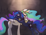 Size: 3000x2300 | Tagged: safe, artist:t72b, princess celestia, princess luna, alicorn, pony, april fools 2023, bipedal, bipedal leaning, crown, duo, embrace, ethereal mane, eyes closed, female, high res, hoof shoes, hug, jewelry, leaning, mare, peytral, regalia, smiling