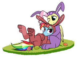 Size: 7200x5580 | Tagged: safe, artist:dacaoo, fluttershy, rainbow dash, pegasus, pony, g4, animal costume, blushing, bunny costume, bunny ears, butt, clothes, costume, cute, dashabetes, duo, duo female, egg, female, lesbian, one eye closed, paw pads, plot, ship:flutterdash, shipping, shyabetes, simple background, transparent background, wings