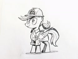 Size: 2048x1536 | Tagged: safe, artist:mellodillo, rainbow dash, pegasus, pony, g4, alternate hairstyle, clothes, female, grayscale, hard hat, hat, mare, monochrome, ponytail, smiling, solo, traditional art, weather factory uniform