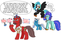 Size: 2934x1961 | Tagged: safe, artist:supahdonarudo, derpibooru exclusive, oc, oc only, oc:fleurbelle, oc:icebeak, oc:ironyoshi, oc:sea lilly, alicorn, classical hippogriff, hippogriff, pony, unicorn, angry, annoyed, april fools 2023, blushing, bow, camera, clothes, cross-popping veins, dialogue, emanata, embarrassed, facehoof, jewelry, levitation, magic, necklace, protest, shirt, sign, simple background, speech bubble, telekinesis, text, transparent background