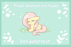 Size: 1800x1200 | Tagged: safe, artist:typhwosion, fluttershy, pegasus, pony, g4, blushing, english, floppy ears, flower, grass, looking at you, open mouth, positive ponies, sitting, smiling, solo, text