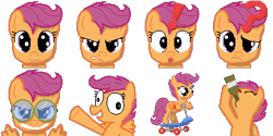 Size: 384x192 | Tagged: safe, artist:scootaloormayfly, scootaloo, pegasus, pony, g4, alcohol, confused, drinking, exclamation point, goggles, looking at you, multeity, pixel art, question mark, rpg maker, scooter, simple background, smiling, solo, sprite, surprised, transparent background