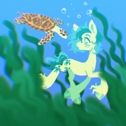 Size: 1280x1280 | Tagged: safe, artist:peaceandlove26, sandbar, earth pony, pony, g4, bubble, februpony, ocean, sea turtle, seaweed, solo, underwater, unshorn fetlocks, water