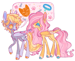 Size: 1280x1039 | Tagged: safe, artist:peaceandlove26, derpy hooves, fluttershy, pegasus, pony, g4, alternate design, chest fluff, cloven hooves, duo, female, large wings, long mane, long tail, nonbinary, pride, pride flag, raised hoof, simple background, stylized, tail, talking, thin, trans fluttershy, transgender, transgender pride flag, transmasculine, transparent background, wings