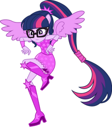 Size: 836x956 | Tagged: safe, artist:ajosterio, sci-twi, twilight sparkle, human, equestria girls, g4, boots, clothes, dancing, dress, female, glasses, high heel boots, ponied up, shoes, simple background, solo, transparent background, wings