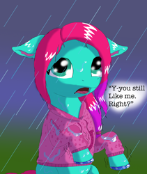 Size: 1600x1900 | Tagged: safe, alternate version, artist:php176, derpibooru exclusive, jazz hooves, earth pony, pony, g5, clothes, female, gradient background, hoodie, hoof polish, looking at you, mare, open mouth, question, rain, raised hooves, sad, shading, shaking, shivering, solo, talking to viewer, text, wet, wet clothes, wet mane