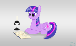 Size: 1280x784 | Tagged: safe, artist:nfc100%ponies, twilight sparkle, alicorn, pony, g4, book, candle, lying down, prone, simple background, solo, twilight sparkle (alicorn)