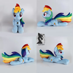 Size: 1000x1000 | Tagged: safe, artist:larsen toys, rainbow dash, pegasus, pony, g4, accessory, auction, auction open, female, folded wings, handmade, irl, lying down, multiple views, photo, plushie, prone, solo, toy, wings