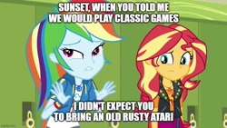 Size: 885x500 | Tagged: safe, edit, edited screencap, screencap, rainbow dash, sunset shimmer, human, equestria girls, g4, gamer sunset, text