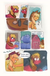 Size: 2659x4032 | Tagged: safe, artist:punkittdev, applejack, big macintosh, earth pony, pony, comic:apple in the orchard, g4, clothes, comic, dialogue, dress, female, makeup, trans big macintosh, trans female, transgender