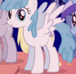 Size: 343x333 | Tagged: safe, screencap, derpy hooves, lightning bolt, minuette, white lightning, pegasus, pony, unicorn, friendship is magic, g4, background character, background pony, cropped, female, mare, solo focus, spread wings, wings