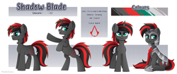 Size: 4481x1875 | Tagged: safe, artist:madelinne, oc, oc:shadow blade, pony, unicorn, armor, armored pony, full body, horn, male, red and black mane, red and black oc, reference sheet, solo, stallion, unicorn oc