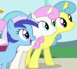 Size: 361x322 | Tagged: safe, screencap, lemon hearts, minuette, twinkleshine, pony, unicorn, friendship is magic, g4, background character, background pony, cropped, female, horn, mare, trio
