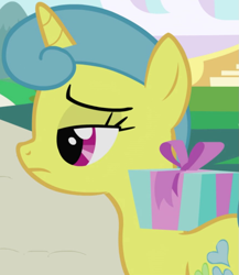 Size: 871x1005 | Tagged: safe, screencap, lemon hearts, pony, unicorn, friendship is magic, g4, background character, background pony, cropped, female, horn, lidded eyes, mare, present, solo