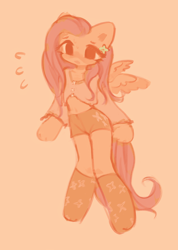 Size: 3664x5142 | Tagged: safe, artist:deadchrltte, fluttershy, pegasus, semi-anthro, g4, absurd resolution, arm hooves, clothes, female, mare, midriff, orange background, shorts, simple background, solo, wings