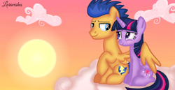 Size: 1980x1020 | Tagged: safe, artist:mlplary6, flash sentry, twilight sparkle, alicorn, pegasus, pony, g4, blushing, boyfriend and girlfriend, cloud, cute, diasentres, female, hug, looking at each other, looking at someone, male, mare, romantic, ship:flashlight, shipping, smiling, smiling at each other, stallion, straight, sun, sunset, twiabetes, twilight sparkle (alicorn), winghug, wings