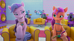 Size: 1920x1080 | Tagged: safe, screencap, queen haven, sunny starscout, earth pony, pegasus, pony, g5, my little pony: make your mark, my little pony: make your mark chapter 2, portrait of a princess, duo, female, looking at each other, looking at someone, mane stripe sunny, open mouth