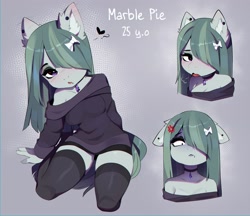 Size: 3999x3460 | Tagged: safe, artist:magnaluna, marble pie, earth pony, anthro, g4, abstract background, adorasexy, angry, bare shoulders, beauty mark, blushing, bow, breasts, busty marble pie, choker, cleavage, clothes, cross-popping veins, curvy, cute, dress, ear blush, ear fluff, ear piercing, emanata, emo, eyeliner, eyeshadow, female, floating heart, floppy ears, hair bow, hair over one eye, heart, high res, kneeling, lips, looking at you, makeup, marblebetes, off shoulder, off shoulder sweater, piercing, purple eyes, sexy, shrunken pupils, sigh, skirt, solo, stockings, stupid sexy marble pie, sweater, sweater puppies, thigh highs, thighs, wide hips, zettai ryouiki