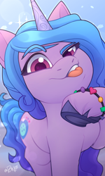 Size: 1200x2000 | Tagged: safe, artist:rivin177, izzy moonbow, pony, unicorn, g5, blue background, blurry, bokeh, bracelet, cute, female, friendship bracelet, hooves, horn, izzy is tol, izzybetes, jaws, jewelry, mare, raised hoof, selfie, silly, silly pony, simple background, solo, tail, tongue out, underhoof, unshorn fetlocks
