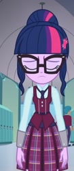 Size: 512x1176 | Tagged: safe, screencap, sci-twi, twilight sparkle, human, equestria girls, g4, my little pony equestria girls: friendship games, clothes, cropped, crystal prep academy, crystal prep academy uniform, eyes closed, female, glasses, hair bun, hallway, lockers, necktie, sad, school, school tie, school uniform, schoolgirl, solo, what more is out there