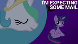 Size: 1920x1080 | Tagged: safe, edit, edited screencap, editor:quoterific, screencap, princess celestia, twilight sparkle, alicorn, pony, unicorn, g4, lesson zero, season 2, balcony, crown, cute, duo, duo female, ethereal mane, eyes closed, female, golden oaks library, jewelry, looking at someone, looking back, mare, open mouth, open smile, regalia, smiling, twiabetes, unicorn twilight