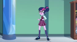 Size: 2141x1194 | Tagged: safe, screencap, sci-twi, twilight sparkle, human, equestria girls, g4, my little pony equestria girls: friendship games, clothes, crystal prep academy, crystal prep academy uniform, female, glasses, hair bun, hallway, necktie, school, school tie, school uniform, schoolgirl, singing, solo, trophy, uniform, what more is out there