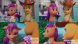 Size: 2000x1125 | Tagged: safe, edit, edited screencap, editor:quoterific, screencap, hitch trailblazer, sunny starscout, earth pony, pony, g5, my little pony: make your mark, my little pony: make your mark chapter 2, the cutie mark mix-up, spoiler:my little pony: make your mark, spoiler:my little pony: make your mark chapter 2, spoiler:mymc02e05, argument, bag, blaze (coat marking), coat markings, cowboy hat, duo, duo male and female, facial markings, female, fluttershy's cutie mark, hat, implied alicorn, implied sunnycorn, looking at each other, looking at someone, male, mane stripe sunny, mare, open mouth, open smile, pale belly, rainbow dash's cutie mark, saddle bag, smiling, stallion, twilight sparkle's cutie mark