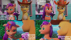 Size: 2000x1125 | Tagged: safe, edit, edited screencap, editor:quoterific, screencap, hitch trailblazer, sunny starscout, earth pony, pony, g5, my little pony: make your mark, my little pony: make your mark chapter 2, the cutie mark mix-up, argument, bag, blaze (coat marking), coat markings, cowboy hat, duo, duo male and female, facial markings, female, fluttershy's cutie mark, hat, implied alicorn, implied sunnycorn, looking at each other, looking at someone, male, mane stripe sunny, mare, open mouth, open smile, pale belly, rainbow dash's cutie mark, saddle bag, smiling, stallion, twilight sparkle's cutie mark