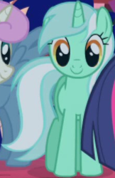 Size: 223x345 | Tagged: safe, screencap, lyra heartstrings, twilight sparkle, twinkleshine, pony, unicorn, friendship is magic, g4, season 1, background character, background pony, cropped, female, horn, mare, offscreen character, solo focus