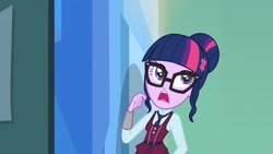 Size: 2134x1203 | Tagged: safe, screencap, sci-twi, twilight sparkle, human, equestria girls, g4, my little pony equestria girls: friendship games, clothes, crystal prep academy, crystal prep academy uniform, glasses, hair bun, hallway, necktie, school, school tie, school uniform, schoolgirl, singing, solo, what more is out there