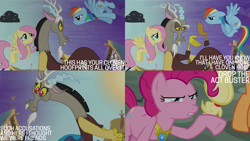 Size: 2000x1125 | Tagged: safe, edit, edited screencap, editor:quoterific, screencap, applejack, discord, fluttershy, pinkie pie, rainbow dash, draconequus, earth pony, pegasus, pony, g4, princess twilight sparkle (episode), accusation, cloven hooves, element of laughter, element of loyalty, facial hair, female, frown, goatee, gritted teeth, male, mare, pinkie pie is not amused, ponyville, puppy dog eyes, raised hoof, smiling, smug smile, snaggletooth, stormcloud, suspicious, teeth, unamused, when she doesn't smile