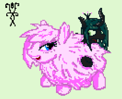 Size: 795x642 | Tagged: safe, artist:damset, queen chrysalis, oc, oc:fluffle puff, changeling, changeling queen, earth pony, pony, g4, chest fluff, duo, pixel art