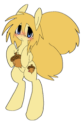 Size: 529x792 | Tagged: safe, artist:muffinz, oc, oc only, oc:fluffer nutter, earth pony, pony, squirrel, squirrel pony, acorn, bipedal, blushing, hoof hold, male, pixel-crisp art, simple background, solo, stallion, white background